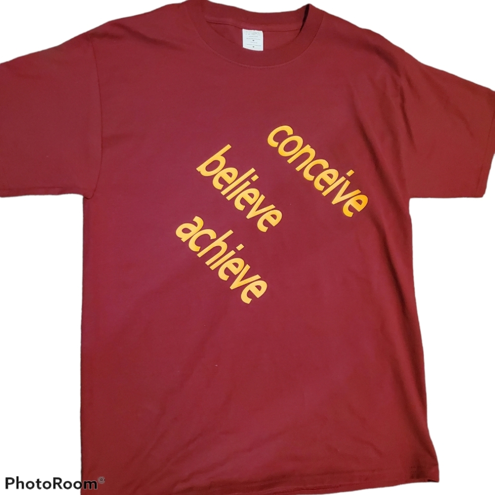 T-Shirt with print by "Stare Wear"  Med, burgundy with orange letters